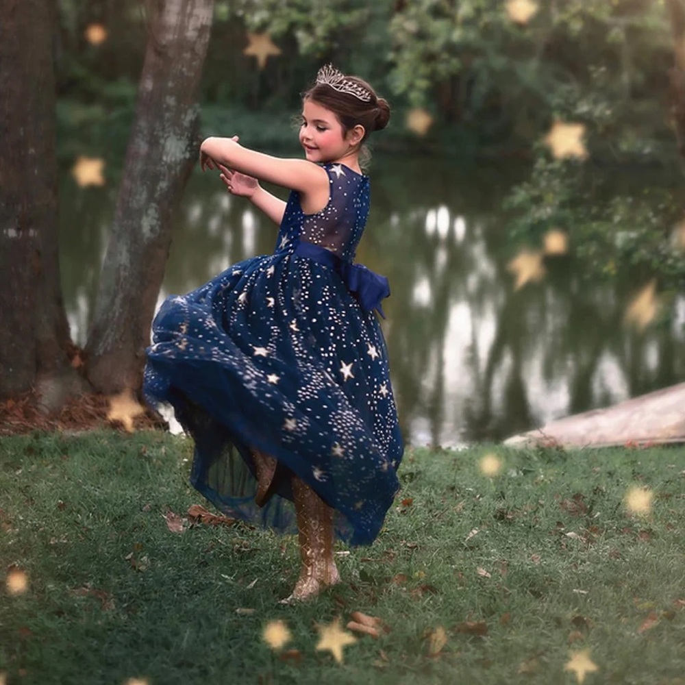 ANTOINETTE GOWN - navy flower girl or party dress with gold stars